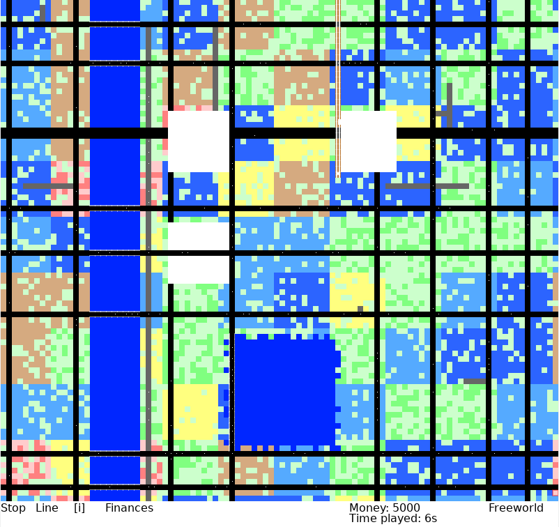 river, lake, three transport hubs - airport, train and bus station (white boxes)